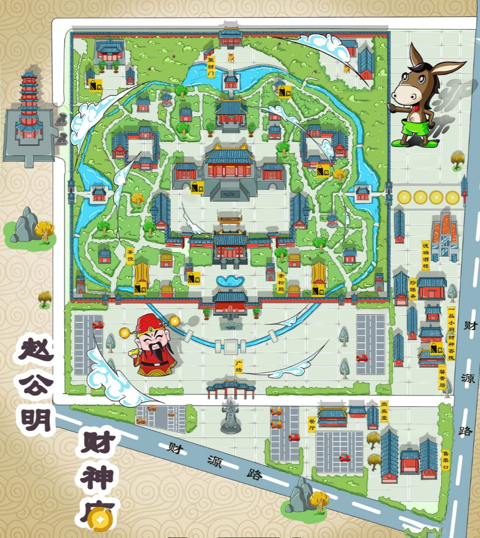 西流河镇寺庙类手绘地图